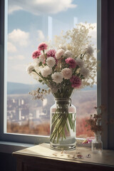 bouquet of wildflowers in glass vase on city background