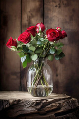 bouquet of red roses in glass vase on wooden background