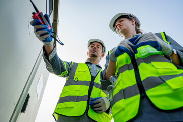 Electrical engineer on solar farm with large structure Check maintain rehearse damaged parts from use in order to produce electricity with maximum efficiency throughout its service life professionally