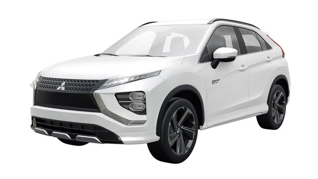 San Diego, USA. March 31, 2023. White Mitsubishi Eclipse Cross PHEV 2022 on a white background. Hybrid SUV car. 3d rendering.