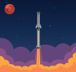 SpaceX startship launch, with beautiful sky view and mars in background. Space shuttle launched into space towards mars. Rocket Launch - obrazy, fototapety, plakaty