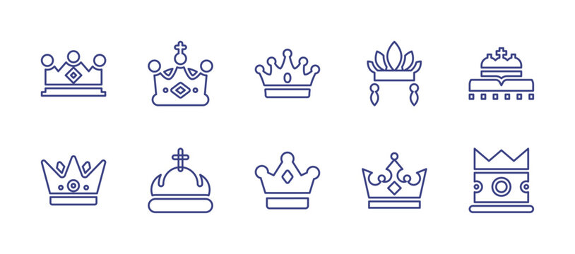 Crowns line icon set. Editable stroke. Vector illustration. Containing crown, headdress, cross.
