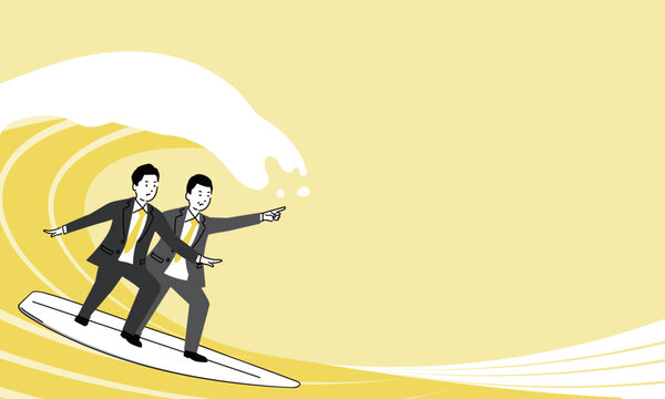 大きな波とサーフボードに乗る2人のビジネスマン、荒波にもまれるイメージイラスト、ベクター