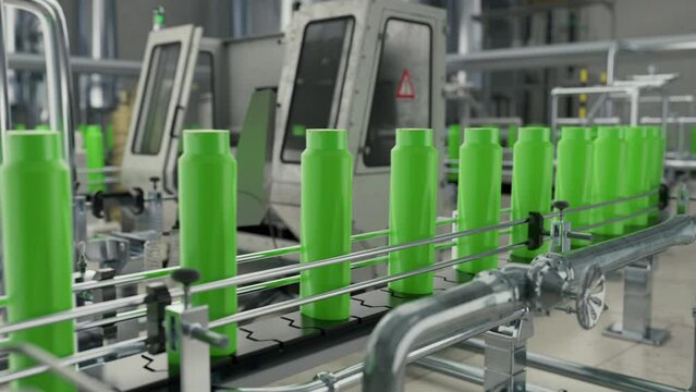 Plastic bottle mass production at the industrial manufacturing facility. Mass production of green plastic bottles for hair care items. Plastic bottle mass production on the factory conveyor belt.