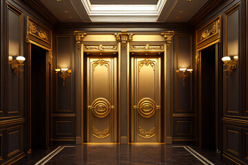Antique style, hall and doors of a classic elevator in an old-fashioned hotel or palace. - obrazy, fototapety, plakaty