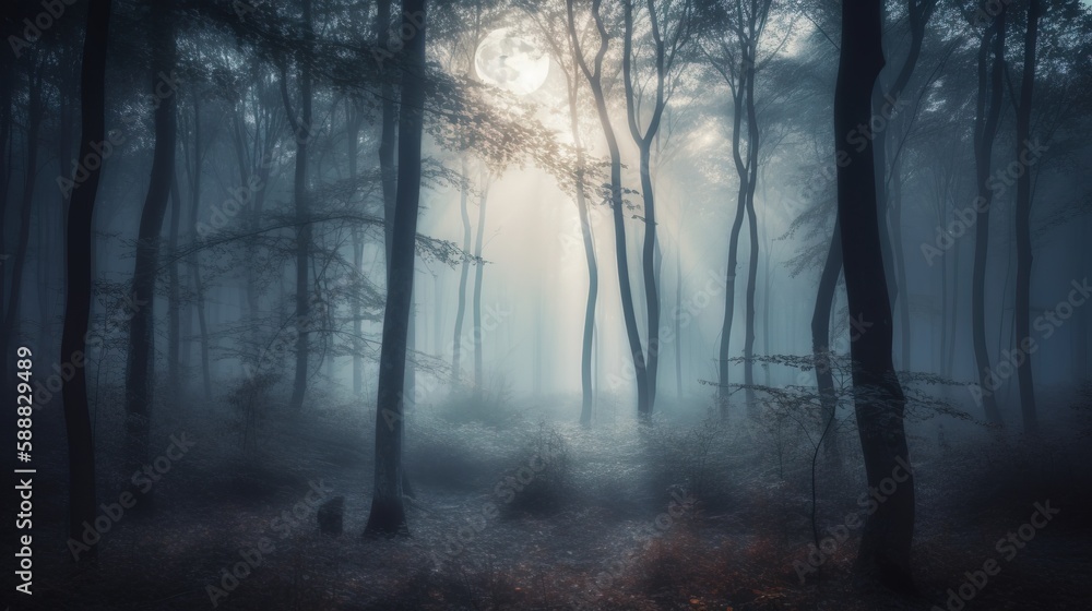 Poster a dark and mysterious forest with the sun shining through the trees, creating a foggy atmosphere the