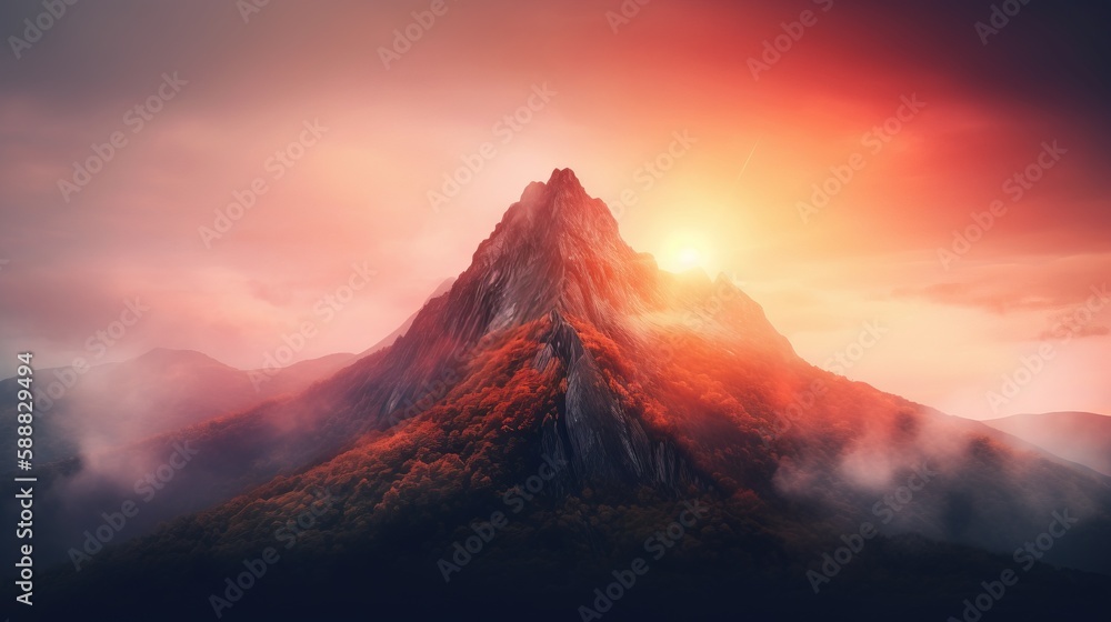Poster a very tall mountain with a bright red sun behind it and clouds in the sky above it and below it is 