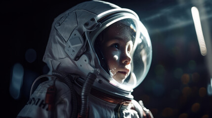 Little kid wearing spacesuit. Cosmonaut concept. Ai generated. - obrazy, fototapety, plakaty