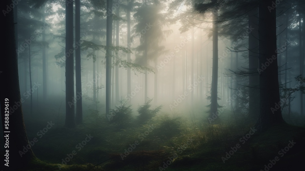 Poster a foggy forest filled with lots of trees and grass on a hill side in the middle of the woods with ta