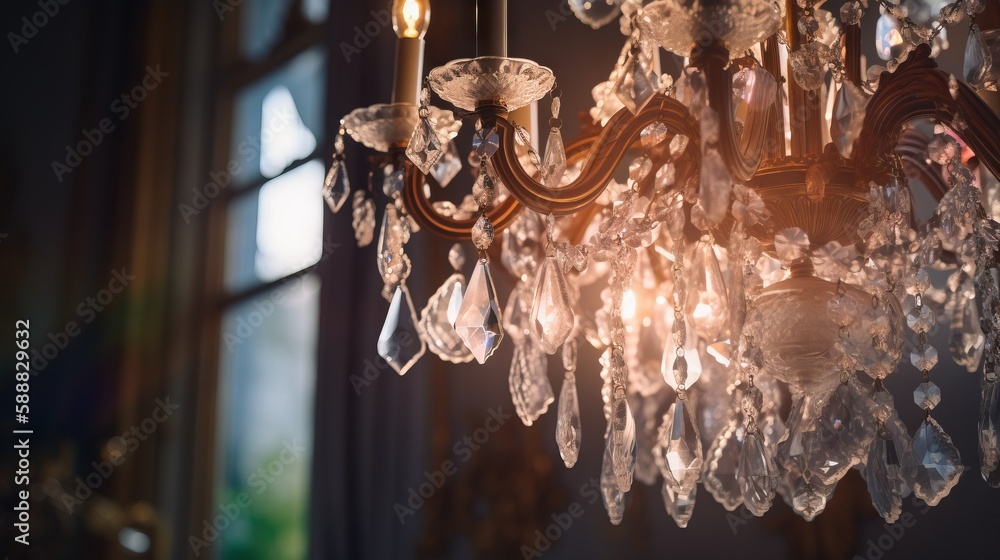 Poster a chandelier hanging from a ceiling with a window in the background and a candle in the middle of th
