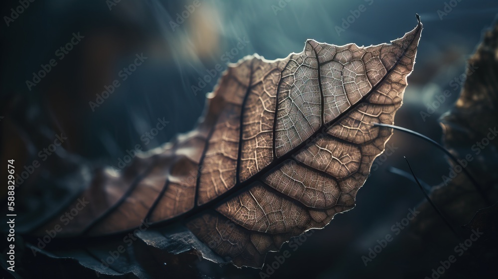 Poster a close up of a leaf with a light shining on it's back side and a dark background with a light shini