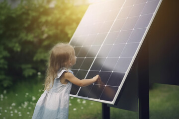 Little Child Standing by Solar Panel with Green Bokeh Background and Sun Rays - obrazy, fototapety, plakaty