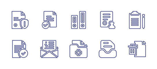 Documentation line icon set. Editable stroke. Vector illustration. Containing document, correct, archive, stamp, file, medical records, delete file.