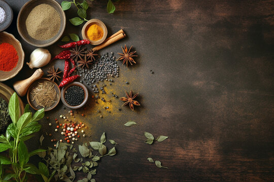 Fresh asiatic products, spices and herbs on wooden background. Generative Ai