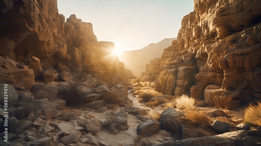 Poster the sun shines through the rocks in the desert area of a rocky mountain side area with sparse grass 