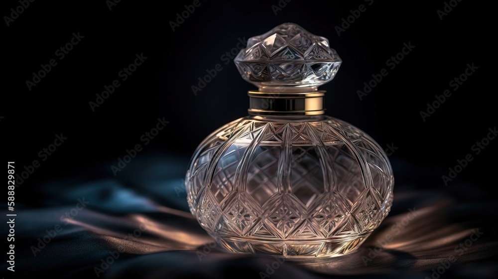 Poster a clear glass bottle with a gold top on a black background with a light reflection on the bottle and