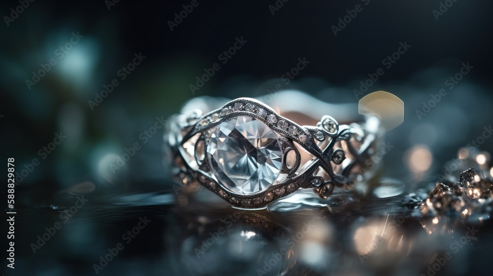 Poster a close up of a diamond ring on a table with a blurry background and a reflection of the ring on the