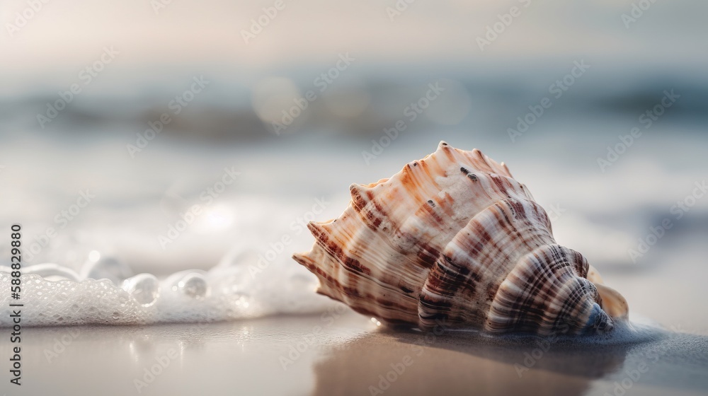Aufkleber a sea shell on the beach with water droplets around it and a blurry background of the ocean in the b