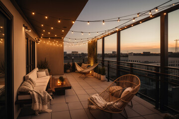 a modern of a comfortable rooftop patio area with a lounging area, a hanging chair, and string lights at sunset, generative AI - obrazy, fototapety, plakaty