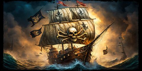 Pirate ship with skull sailing the high seas. Generative AI