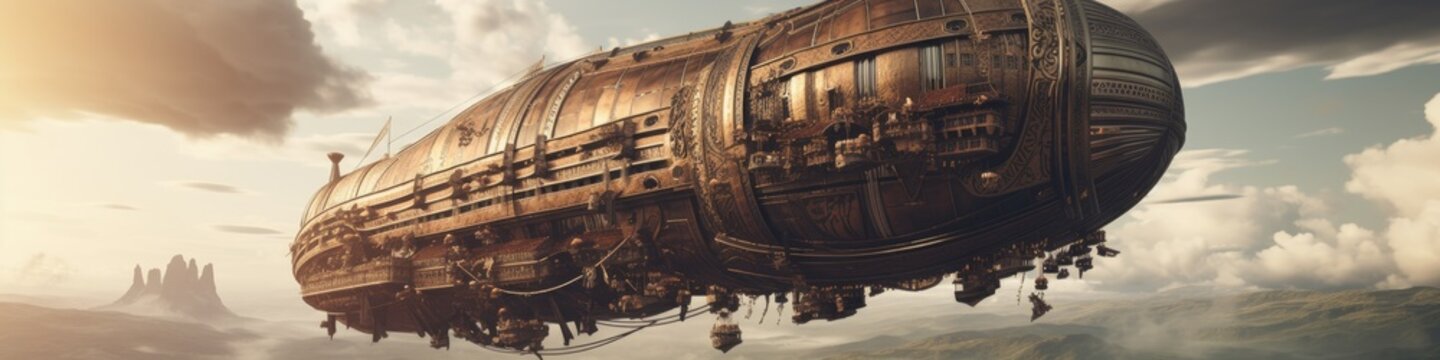 Airship illustration in the sky, landscape in steampunk style. Generative AI