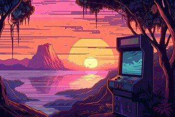 Landscape with arcade machine, mountains and sunset in the background, retro video game, 80's. Generative AI