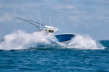 Center console fishing boat almost hidden by spray.