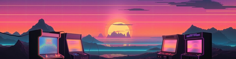 Fototapeta na wymiar Landscape with arcade machine, mountains and sunset in the background, retro video game, 80's. Generative AI