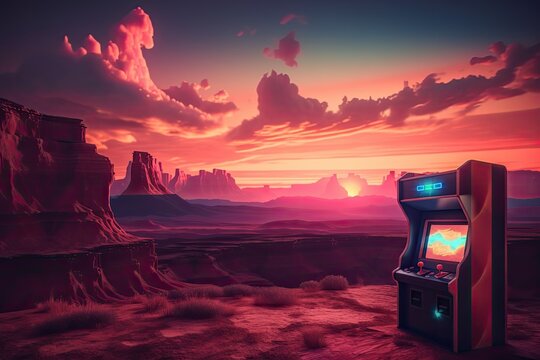 Landscape with arcade machine, mountains and sunset in the background, retro video game, 80's. Generative AI