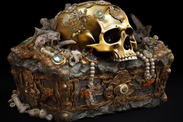 Illustration of a pirate chest with a skull and precious jewels. Generative AI