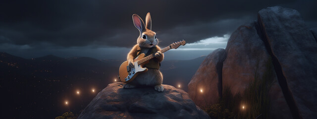 rabbit, bunny, play, guitar, rock, cartoon, animal, hare, easter, illustration, vector, art, holiday, fun, mammal, pet, animals, cute, baby, toy, drawing, character, pink, generative ai