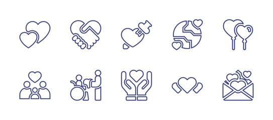 Love line icon set. Editable stroke. Vector illustration. Containing hearts, handshake, heart, love, balloons, family, value, love letter.