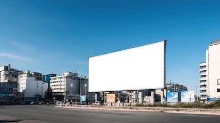 Fototapeta na wymiar Cityscape Blank White Billboard Mockup with Blue Sky Background: Ideal for Eye-catching Advertising Campaigns, AI generated.