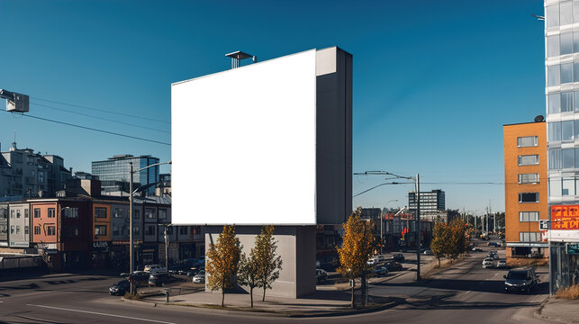 Cityscape Blank White Billboard Mockup with Blue Sky Background: Ideal for Eye-catching Advertising Campaigns, AI generated.