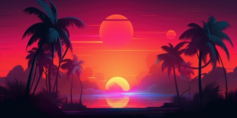 Fototapeta na wymiar Sunset with palm trees, vector, illustration, bold colors