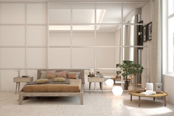White bedroom concept. Scandinavian interior design. 3D illustration