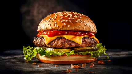 Fresh beef burger on black background. Big tasty cheeseburger close-up. Generative AI. High quality illustration