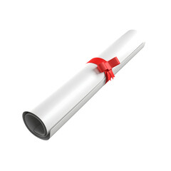3D Render Illustration of Rolled White Paper Diploma with a Red Ribbon