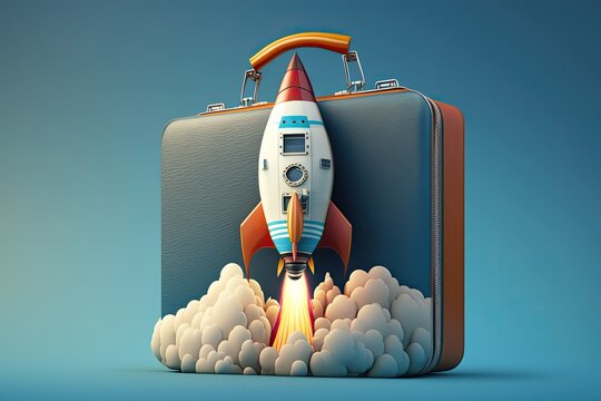 Rocket and briefcase illustration, startup concept, background. Generative AI