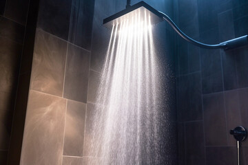 Ducha caliente, vapor de agua. Agua saliendo de la ducha en baño moderno. Generative ai. - obrazy, fototapety, plakaty