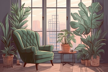 Apartamento selva urbana. Poltrona cinza perto da grande janela panorâmica, plantas de interior, monstera, palmeiras