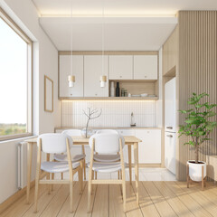 Fototapeta na wymiar Modern japan style kitchen room decorated with minimalist cabinet and dining table set, white wall and wood slat wall. 3d rendering