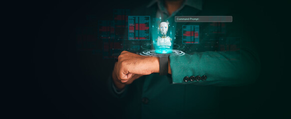 Chatbot chat AI concept,Artificial Intelligence.Businessman touching mobile for using robot AI...