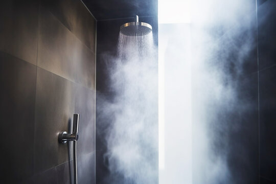 Ducha caliente, vapor de agua. Agua saliendo de la ducha en ba&ntilde;o moderno. Generative ai.
