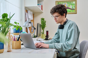 Young male college student sitting at desk at home using laptop - obrazy, fototapety, plakaty
