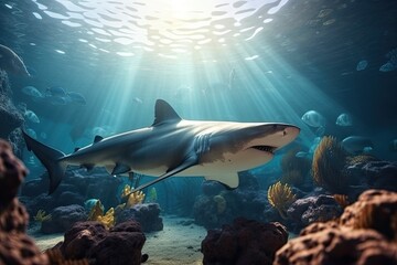 Obraz premium Shark illustration under the sea, corals and reefs, marine life concept. Generative AI
