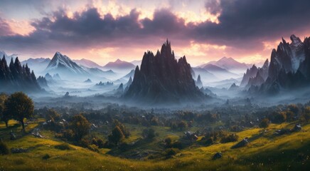 Obraz premium sunrise in the mountains in a dark fantasy world 