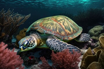 Obraz premium Turtle illustration under the sea, corals and reefs, marine life concept. Generative AI