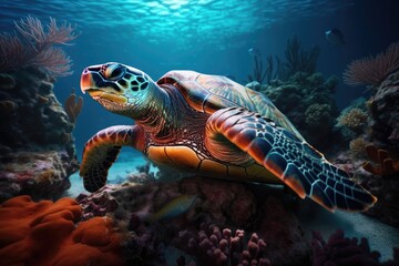 Fototapeta na wymiar Turtle illustration under the sea, corals and reefs, marine life concept. Generative AI
