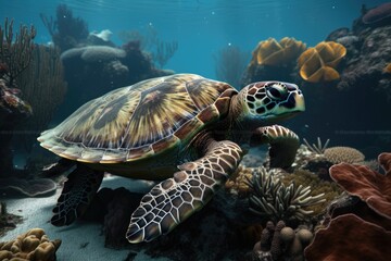 Fototapeta premium Turtle illustration under the sea, corals and reefs, marine life concept. Generative AI